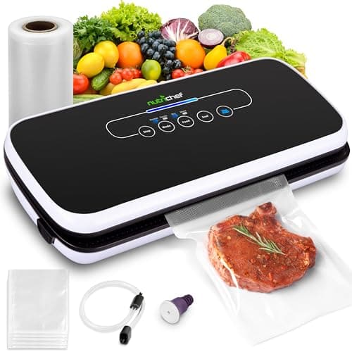 NutriChef Automatic Food Vacuum Sealer, Electric Air Sealing Preserver System for Dry and Moist Foods, LED Control, Strong Suction, Includes Bags, Wine Stopper Cork, and Air Suction Hose, 14”x6”x3”