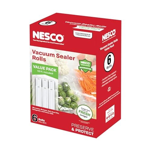 NESCO Vacuum Sealer Bag Rolls – 6 Pack of 11" x 20' BPA-Free Rolls, Freezer, Sous Vide, Microwave, Boil & Dishwasher Safe, Works with Most Vacuum Sealers