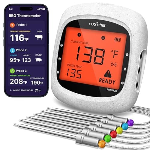 Nutrichef Bluetooth Meat Thermometer for Grilling and Smoking with 6 Wireless Meat Probes, 6 Channels with LCD Display
