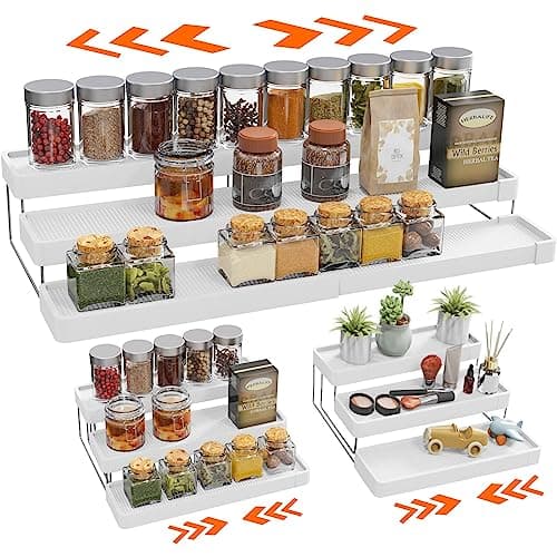 INVOCOO Expandable Spice Rack Organizer for Cabinet - 3 Tier Adjustable Cabinet Spice Organizer Easy Visibility - Spice Organizer for Cabinet Countertop Cupboard Pantry Organization (White)