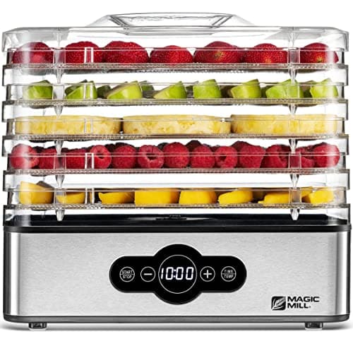 Magic Mill Food Dehydrator Machine | 5 Stackable Stainless Steel Trays, 48H Digital Adjustable Timer & Temperature Control Upto 167° Electric Dryer & Preserver for Jerky, Fruit, Dog Treats & Much More