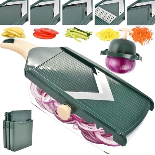 NACOLUS Adjustable Mandoline Slicer for Kitchen - Ultra Sharp V‑Blade with Container, Julienning Slicer for Potatoes, Apples, Onions, Tomatoes