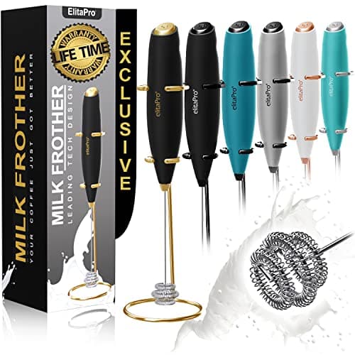 ElitaPro Luxury Edition, ‘Tornado’ effect Milk frother, Leading Tech Design, Triple Power Milk Frother Handheld, Rich Creamy Milk Foam in seconds (Black/Gold)