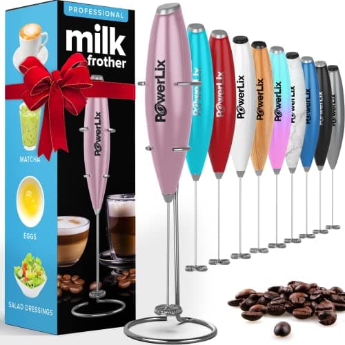 PowerLix Milk Frother Handheld Battery Operated Electric Whisk Beater Foam Maker for Coffee, Latte, Cappuccino, Hot Chocolate, Durable Mini Drink Mixer with Stainless Steel Stand Included (Light Pink)