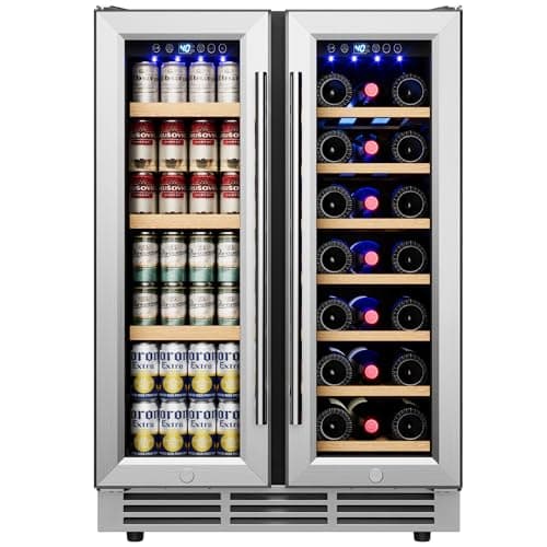 Icyglee 24" Wine and Beverage Refrigerator, Dual Zone Wine Cooler with Glass Door, Hold 88 Cans & 21 Bottles, Built in or Freestanding Under Counter Wine Fridge with Blue LED Light.