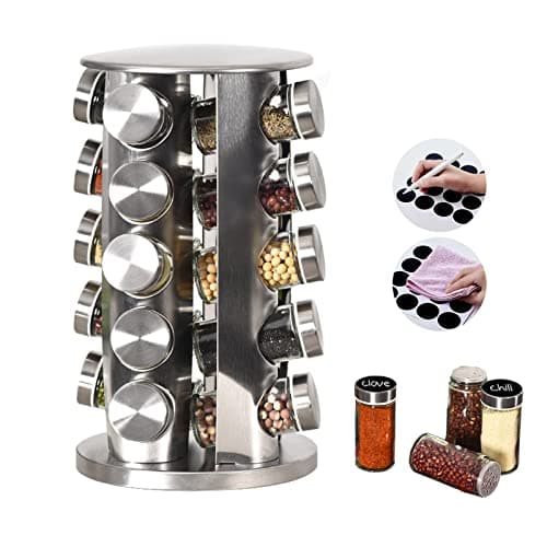 EBIZ&TECH 20-Jar Stainless Steel Rotating Spice Rack with Non-Slip Base - Kitchen Countertop Organizer for Easy Access and Storage of Spice (Sliver)