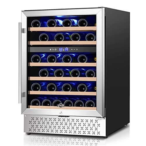 Tylza 24'' Wine Fridge, Dual Zone Wine Refrigerator, 54 Bottles, Lock, Glass Door, Built-in Compressor, 6 Adjustable Shelves, Undercounter or Freestanding, Wine Cooler Refrigerator for Home Bar Office