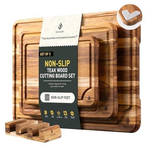 3 Pack Teak Wood Cutting Board Set for Kitchen Charcuterie Board Serving Heavy Duty Non Toxic Slip Over Sink Solid Thick Haus Wooden Chopping Board Large Big Small Meat Best Kitchen Essential Gift