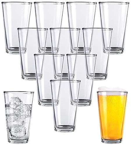Kitchen Lux Pint Beer Glasses Set of 12 – 16 oz Tall Clear Drinking Glasses and All Purpose Tumblers – Heavy Base Cocktail, Water, Juice Glass – Pub Style Design For Home Dining, Bars, and Parties