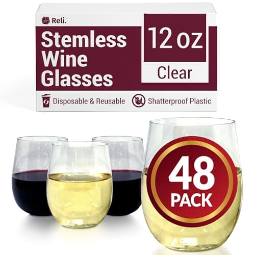 Reli. Disposable Wine Glasses (48 Pack, 12oz) Plastic Stemless Wine Glasses Disposable | Clear and Stemless for Parties, Cocktails, Whiskey, Weddings | Shatterproof