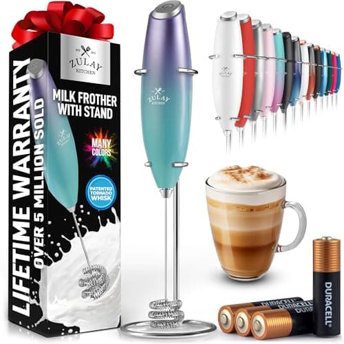 Zulay Kitchen Patented Tornado Triple Whisk Milk Frother with 4 Duracell Batteries – Handheld Foam Maker for Coffee, Lattes, Matcha & Hot Chocolate – Rich, Creamy Froth in Seconds