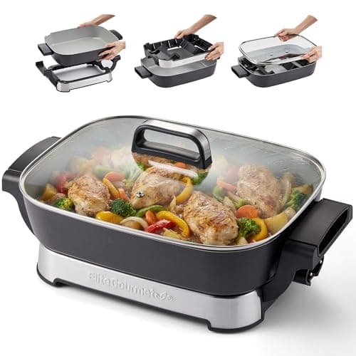 Elite Gourmet 15" x 12" x 3" Stow-Away Foldable Electric Skillet, Ceralast™ PFAS Free Ceramic, 1500W Rapid Heat, Dishwasher Safe Pan & Lid, Black/Grey
