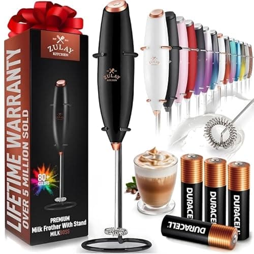 Zulay Kitchen Powerful Milk Frother Wand With 4 AA Duracell Batteries - Ultra Fast Handheld Drink Mixer - Electric Whisk Foam Maker for Coffee, Lattes, Cappuccino, Matcha & Creamer